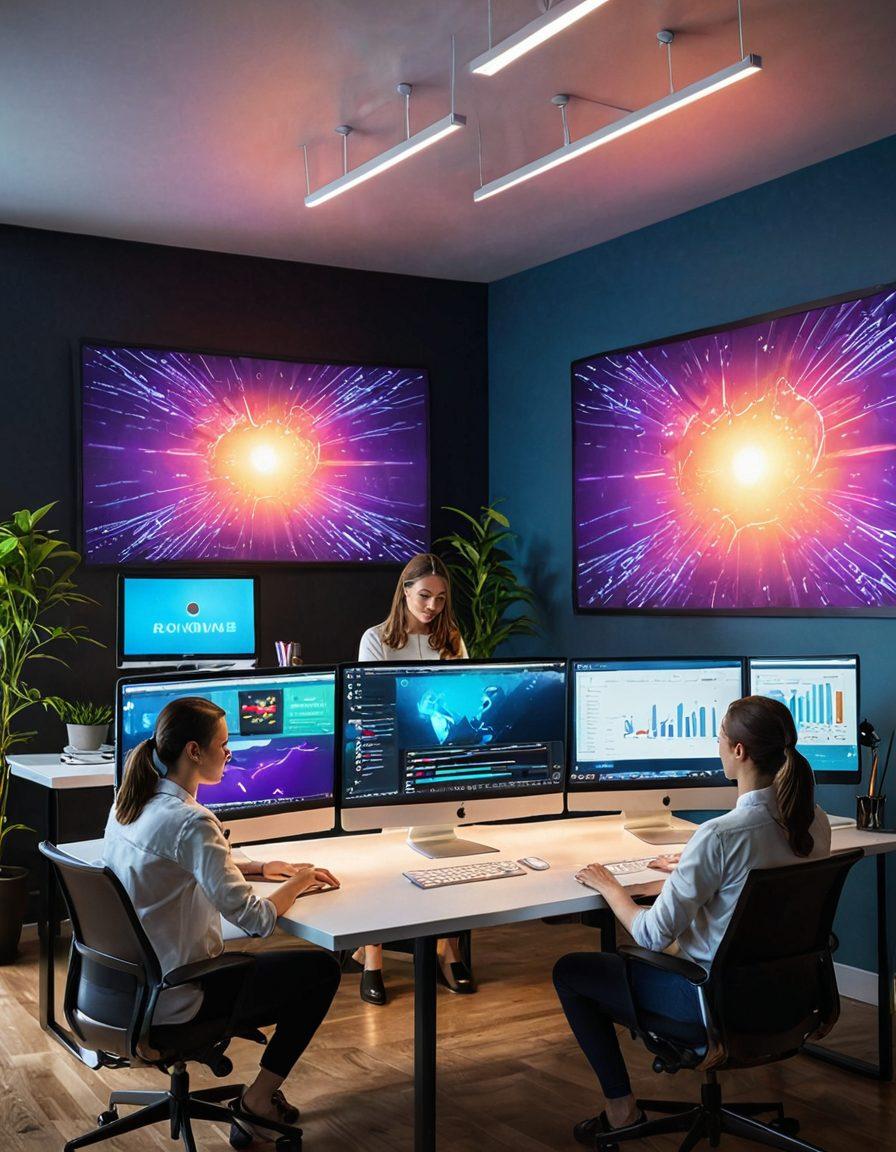 A dynamic, modern web design agency office where designers are brainstorming innovative UI/UX ideas in front of large monitors displaying sleek, minimalist websites. Vibrant illustrations of iconic web elements cascade in the background, glowing in the room lighting. super-realistic. vibrant colors. clean lines.