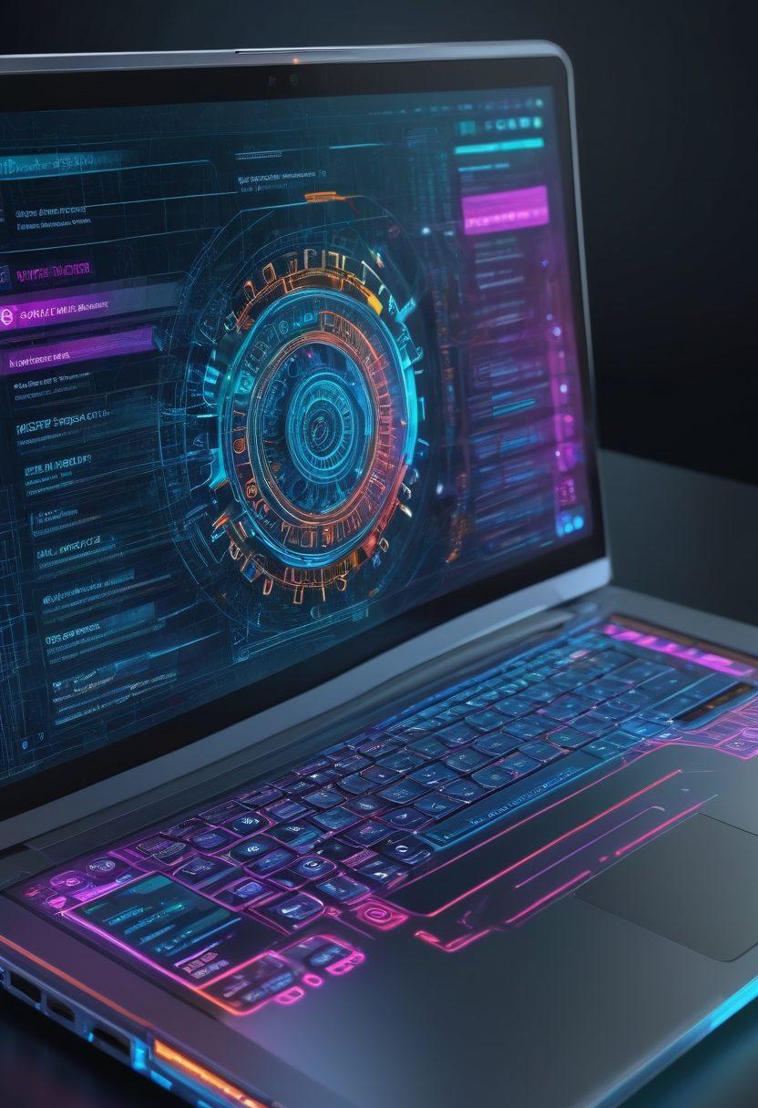 A dynamic and modern business webpage in mid-transformation, with vibrant lines of code and sleek design elements emanating from a powerful laptop. The website interface is visually engaging, featuring smooth navigation bars, secure icons, and maintenance tools. An overlay of gears and digital tools symbolizes the maintenance aspects. super-realistic. vibrant colors. futuristic.