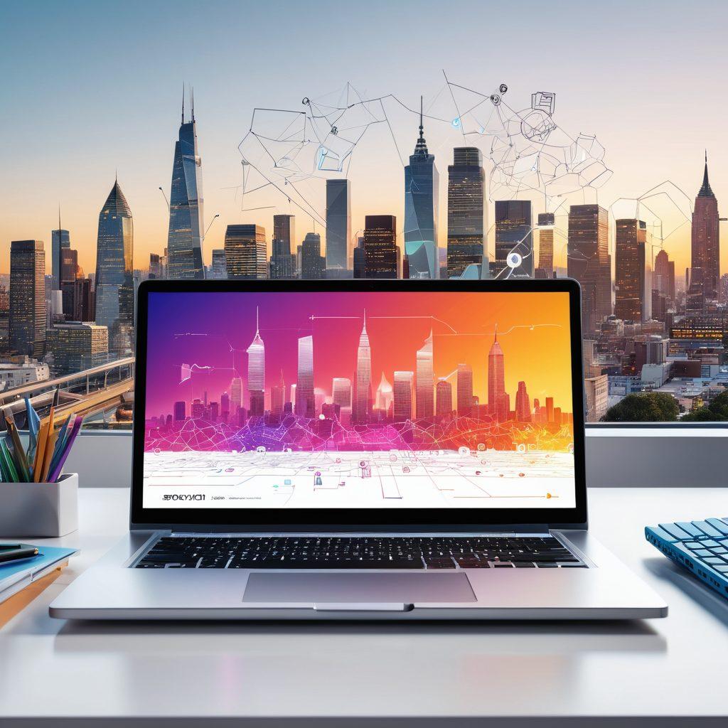 A sleek and modern laptop on a desk with various design elements floating around the screen, such as website wireframes, coding symbols, and colorful design tools. In the background, a city skyline reflecting the digital age and growth. The overall feel is dynamic and professional, emphasizing innovation and creativity in web development. super-realistic. vibrant colors. white background.